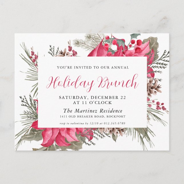 Elegant Red Poinsettia Holiday Brunch Invitation Postcard (Front)