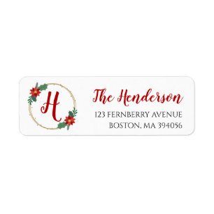 Elegant Red Poinsettia Monogram Christmas Holiday Return Address Label