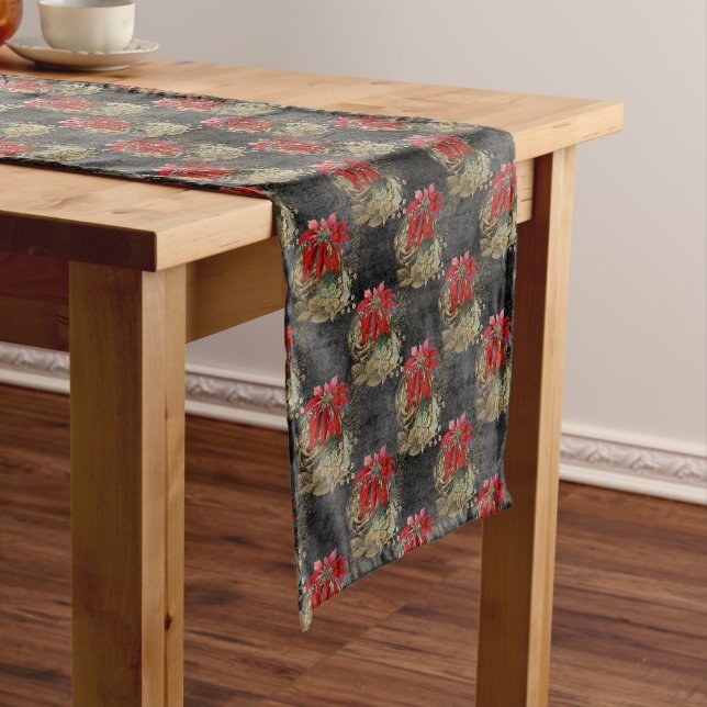 Elegant Red Poinsettia Pattern Christmas Short Table Runner (In Situ)