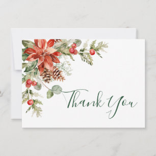 Elegant Red Poinsettia Pine Fir Watercolor Thank Y You Card