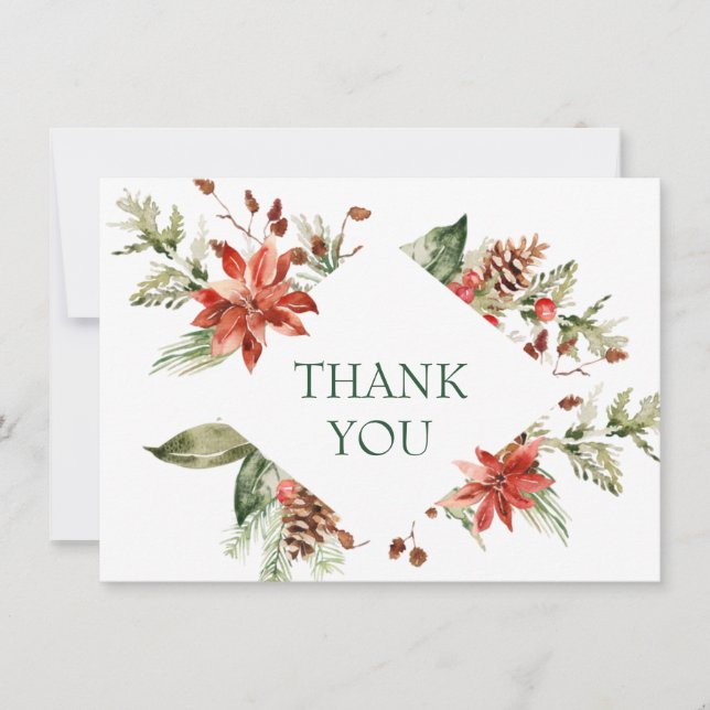 Elegant Red Poinsettia Pine Fir Watercolor Thank You Card (Front)