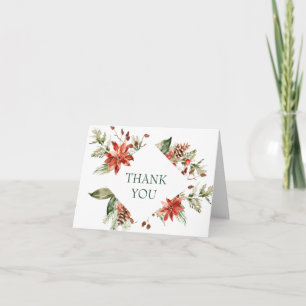 Elegant Red Poinsettia Pine Fir Watercolor Thank You Card