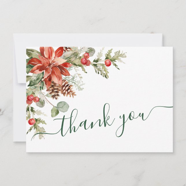 Elegant Red Poinsettia Pine Fir Watercolor Thank You Card (Front)