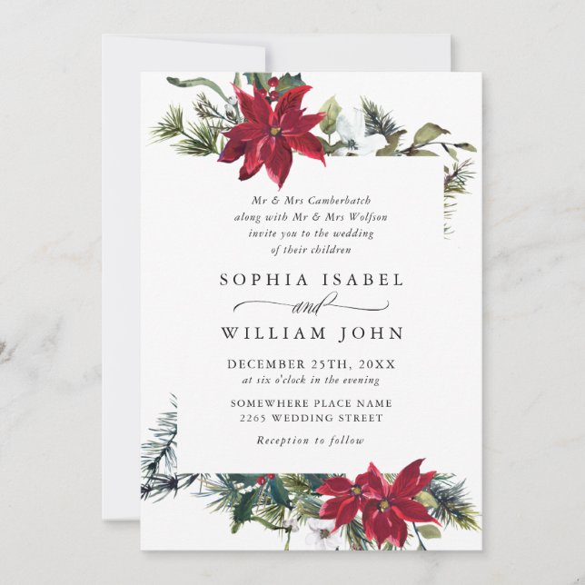 Elegant Red Poinsettia Pine Fir Watercolor Wedding Invitation (Front)