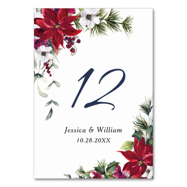 Elegant Red Poinsettia Pine Fur Wedding Table Numb Table Number (Front)