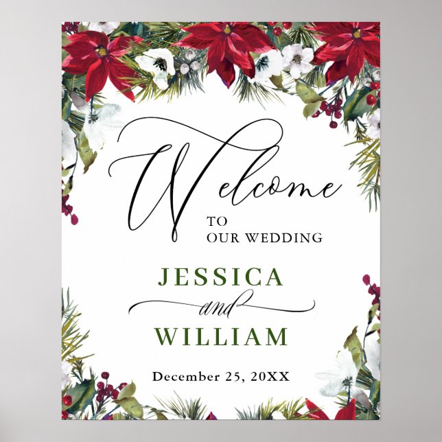Elegant Red Poinsettia Pine Fur Wedding Welcome Poster (Front)