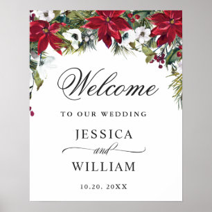 Elegant Red Poinsettia Pine Fur Wedding Welcome Poster