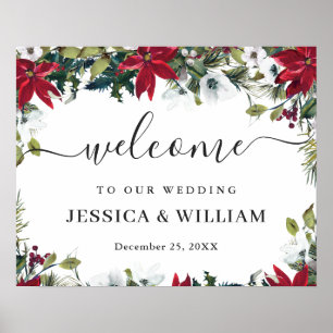 Elegant Red Poinsettia Pine Fur Wedding Welcome Poster