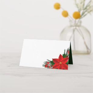 Elegant Red Poinsettia Pine Greenery Christmas Place Card