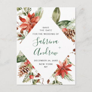 Elegant Red Poinsettia Pine Wedding Save the Date Postcard