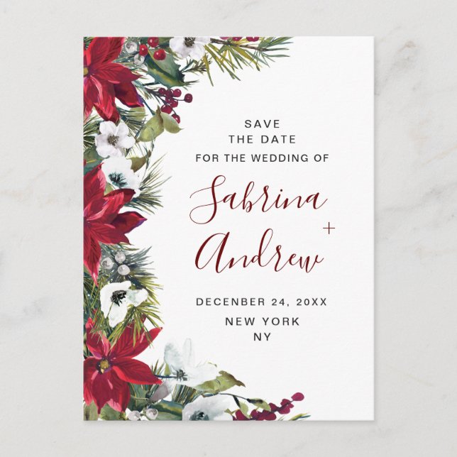 Elegant Red Poinsettia Pine Wedding Save the Date Postcard (Front)