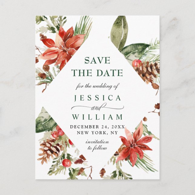 Elegant Red Poinsettia Pine Wedding Save the Date  Postcard (Front)
