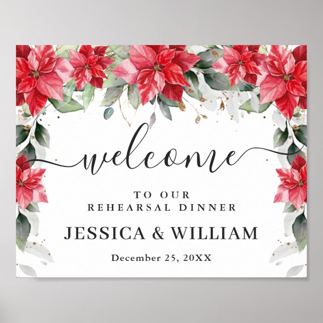 Elegant Red Poinsettia REHEARSAL DINNER Welcome Poster (Front)