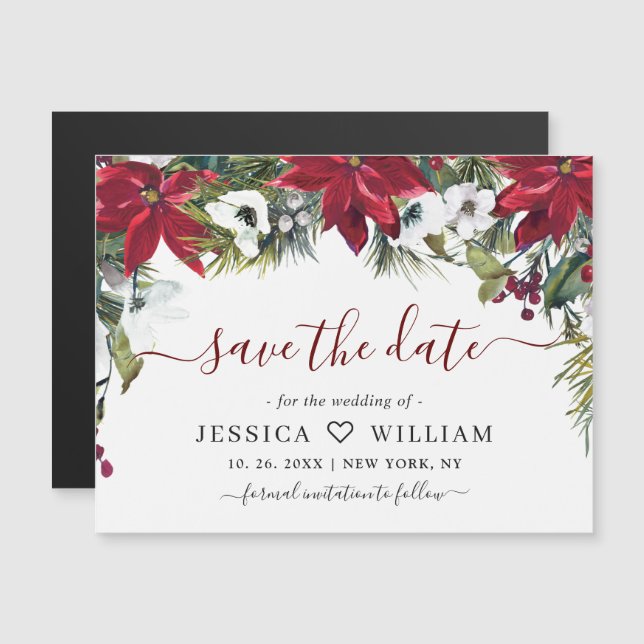 Elegant Red Poinsettia Save the Date Magnetic Card (Front/Back)