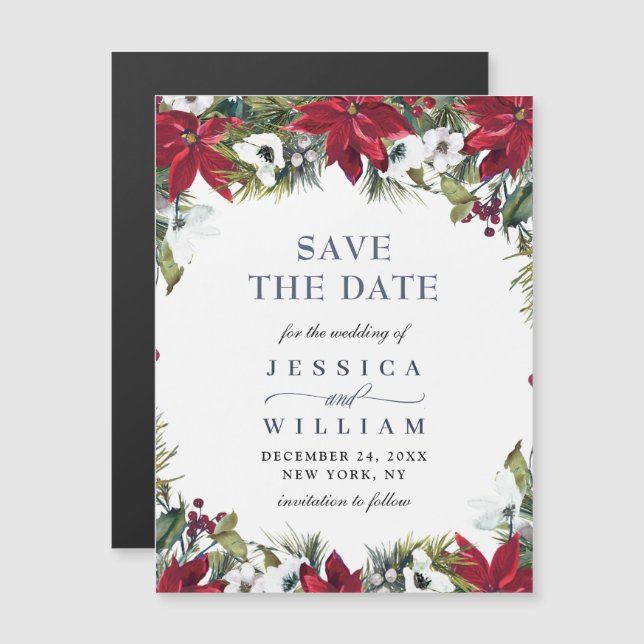 Elegant Red Poinsettia Save the Date Magnetic Card (Front/Back)