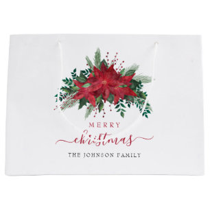 Elegant Red Poinsettia Script Christmas Large Gift Bag