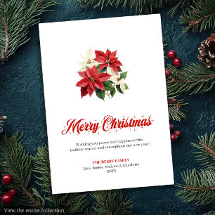 Elegant Red Poinsettia Script Font Greeting Card
