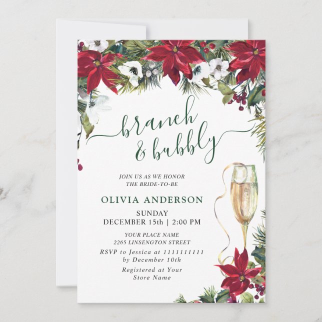 Elegant Red Poinsettia Watercolor Bridal Brunch Invitation (Front)