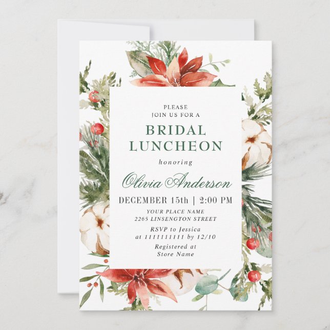 Elegant Red Poinsettia Watercolor Bridal LUNCHEON Invitation (Front)