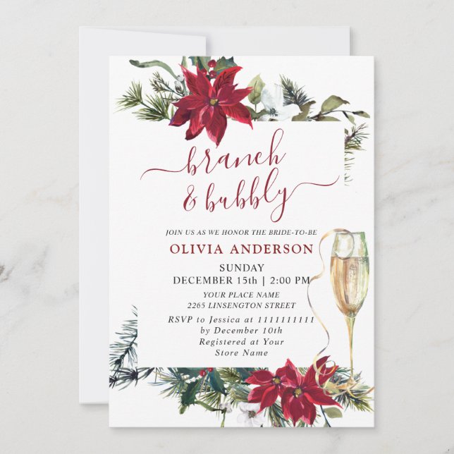 Elegant Red Poinsettia Watercolor Brunch & Bubbly Invitation (Front)