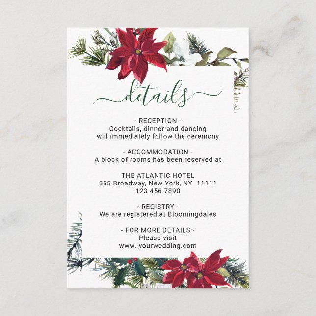 Elegant Red Poinsettia Watercolor Details Enclosure Card (Front)