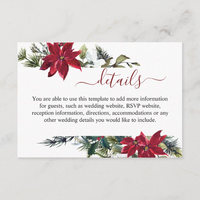 Elegant Red Poinsettia Watercolor Details Enclosure Card (Front)