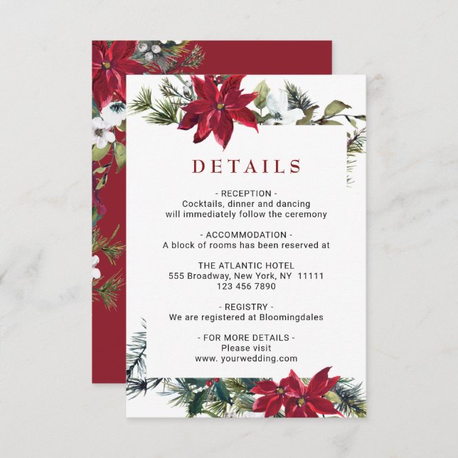Elegant Red Poinsettia Watercolor Details Enclosure Card (Front/Back)