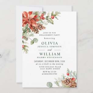 Elegant Red Poinsettia Watercolor ENGAGEMENT PARTY Invitation