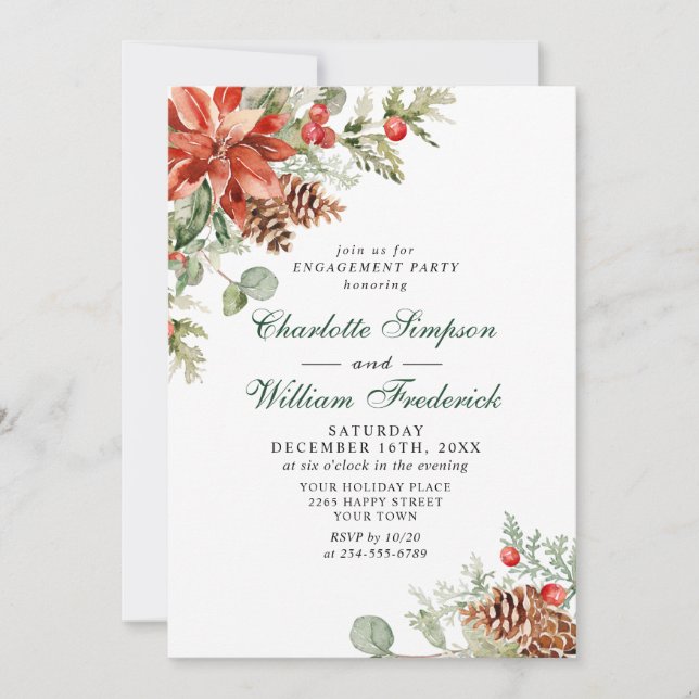 Elegant Red Poinsettia Watercolor ENGAGEMENT PARTY Invitation (Front)