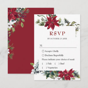 Elegant Red Poinsettia Watercolor Pine Fir Wedding RSVP Card