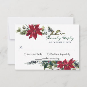 Elegant Red Poinsettia Watercolor Pine Fur Wedding RSVP Card
