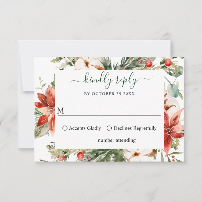 Elegant Red Poinsettia Watercolor Pine Fur Wedding RSVP Card (Front)