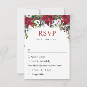 Elegant Red Poinsettia Watercolor Pine Fur Wedding RSVP Card