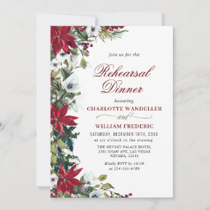 Elegant Red Poinsettia Watercolor REHEARSAL DINNER Invitation