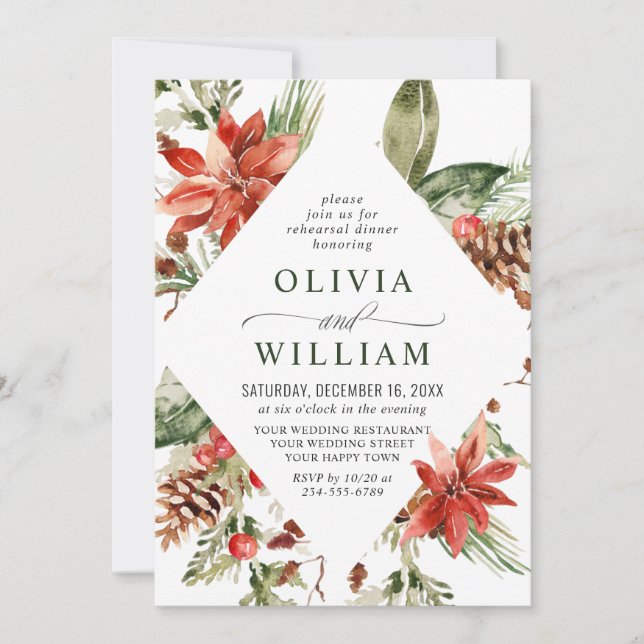 Elegant Red Poinsettia Watercolor REHEARSAL DINNER Invitation (Front)