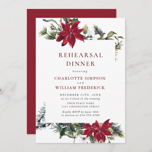 Elegant Red Poinsettia Watercolor REHEARSAL DINNER Invitation (Front/Back)