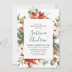 Elegant Red Poinsettia Watercolor REHEARSAL DINNER Invitation