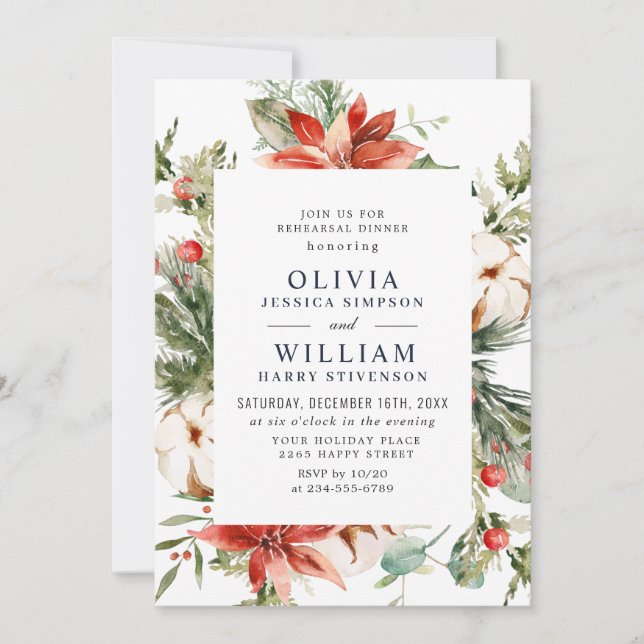 Elegant Red Poinsettia Watercolor REHEARSAL DINNER Invitation (Front)