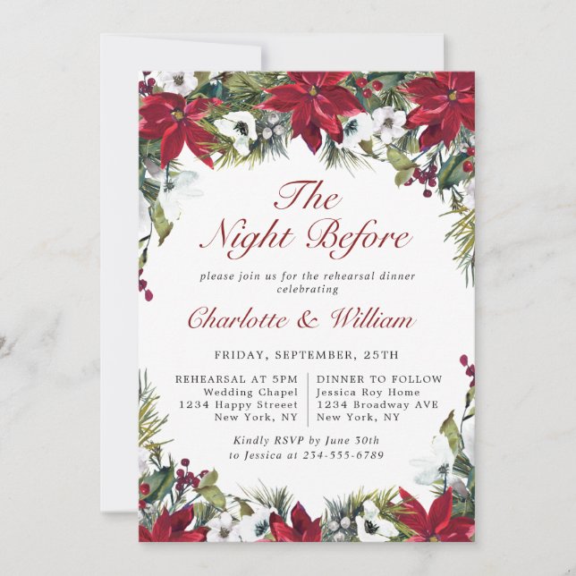 Elegant Red Poinsettia Watercolor REHEARSAL DINNER Invitation (Front)