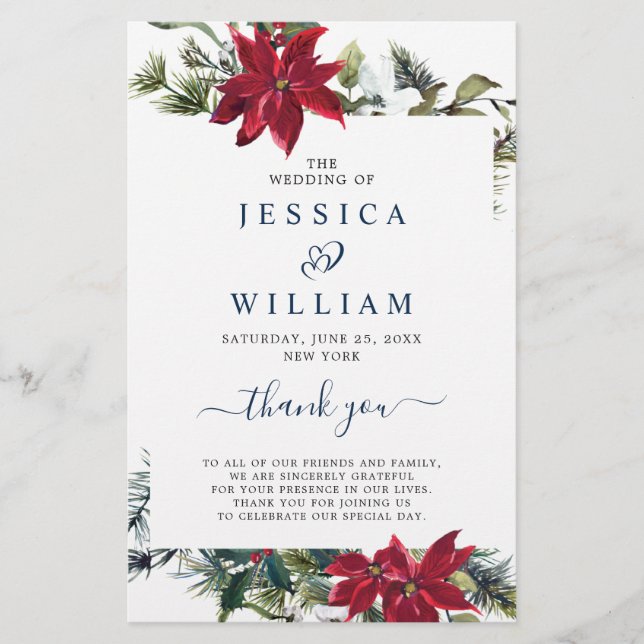 Elegant Red Poinsettia Wedding Ceremony Program (Front)
