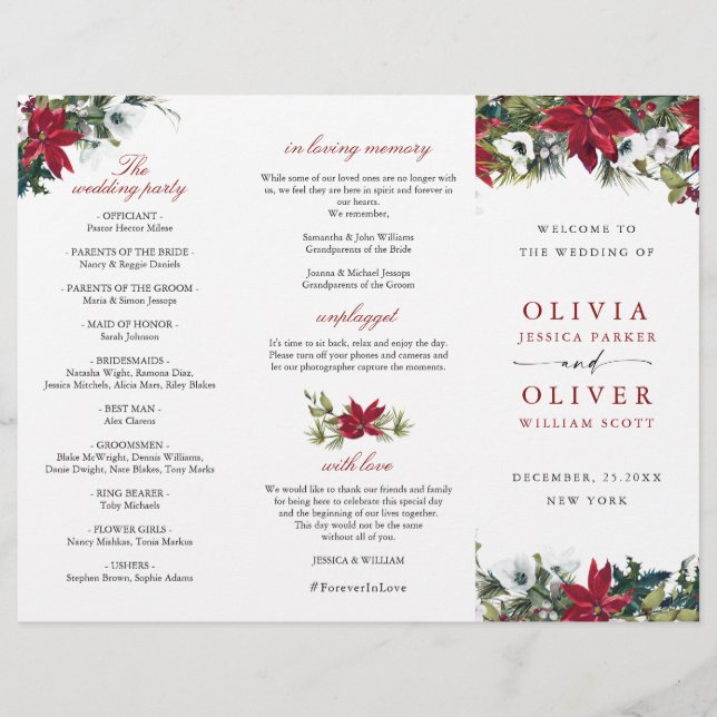 Elegant Red Poinsettia Wedding Ceremony Program (Front)
