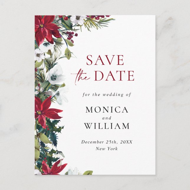 Elegant Red Poinsettia Wedding Save the Date Postcard (Front)