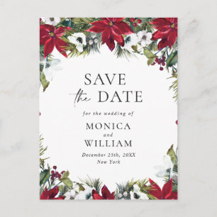 Elegant Red Poinsettia Wedding Save the Date Postcard