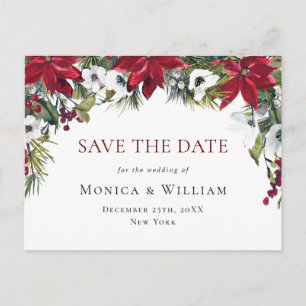 Elegant Red Poinsettia Wedding Save the Date Postcard