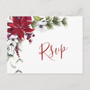 Elegant Red Poinsettia Wedding Watercolor RSVP Postcard