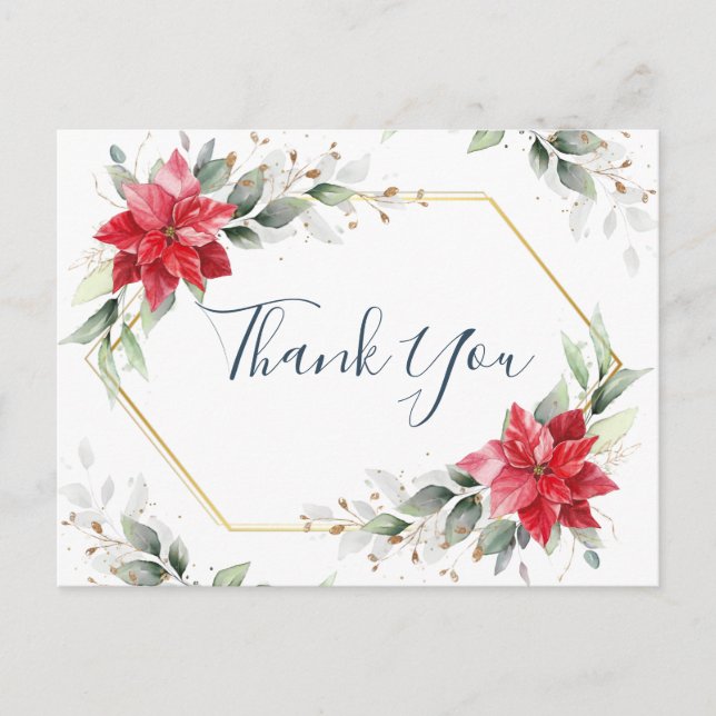 Elegant Red Poinsettia Winter Greenery Thank You Postcard (Front)