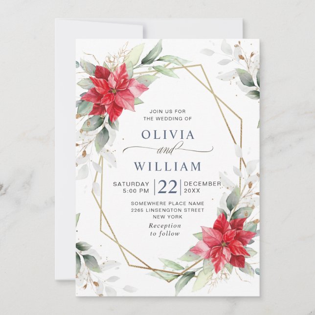 Elegant Red Poinsettia Winter Greenery Wedding Invitation (Front)