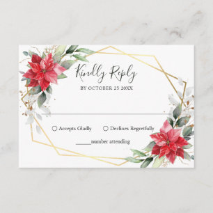 Elegant Red Poinsettia Winter Greenery Wedding RSVP Card