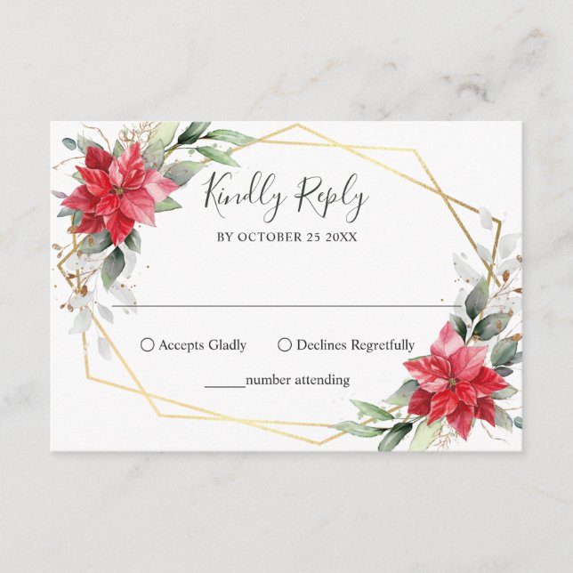 Elegant Red Poinsettia Winter Greenery Wedding RSVP Card (Front)