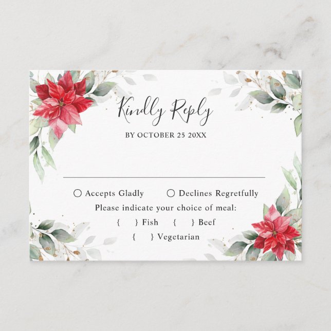 Elegant Red Poinsettia Winter Greenery Wedding RSVP Card (Front)